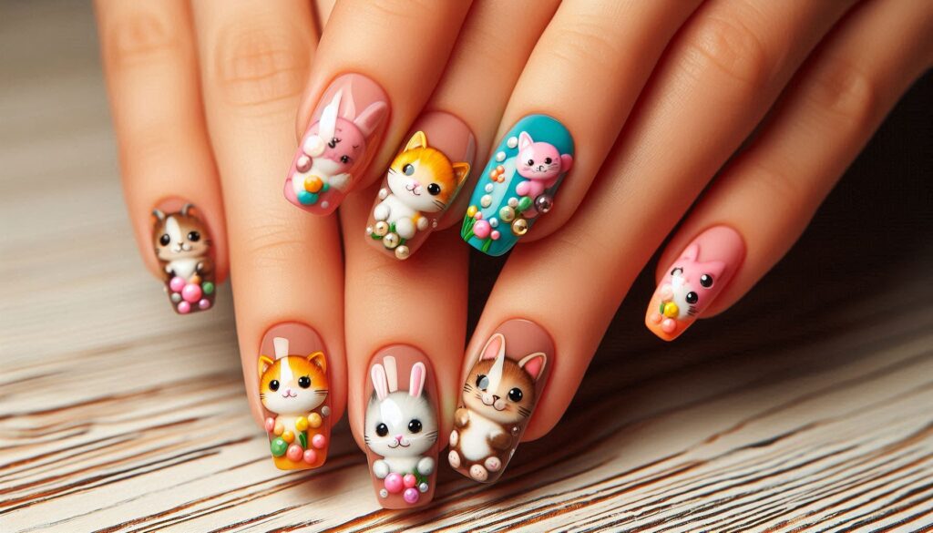 Uñas con diseños de animales tridimensionales.