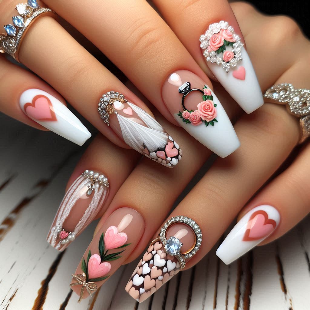 Uñas decoradas con diseños temáticos de bodas.