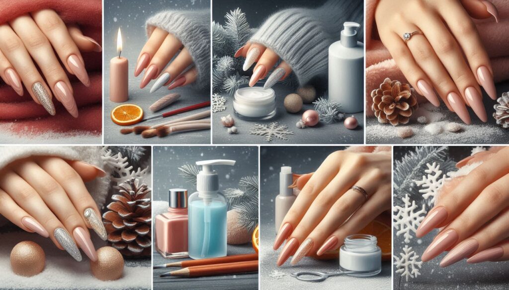 Collage de cuidados de uñas largas en invierno.