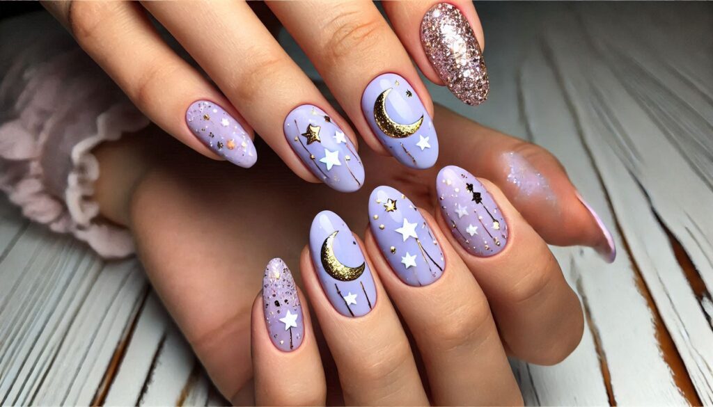 Uñas en tonos pastel con lunas y estrellas doradas y blancas