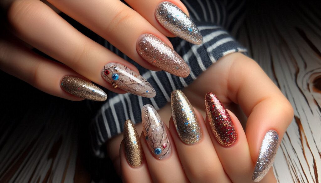 Uñas con glitter dorado, plateado y colores vibrantes para fin de año.