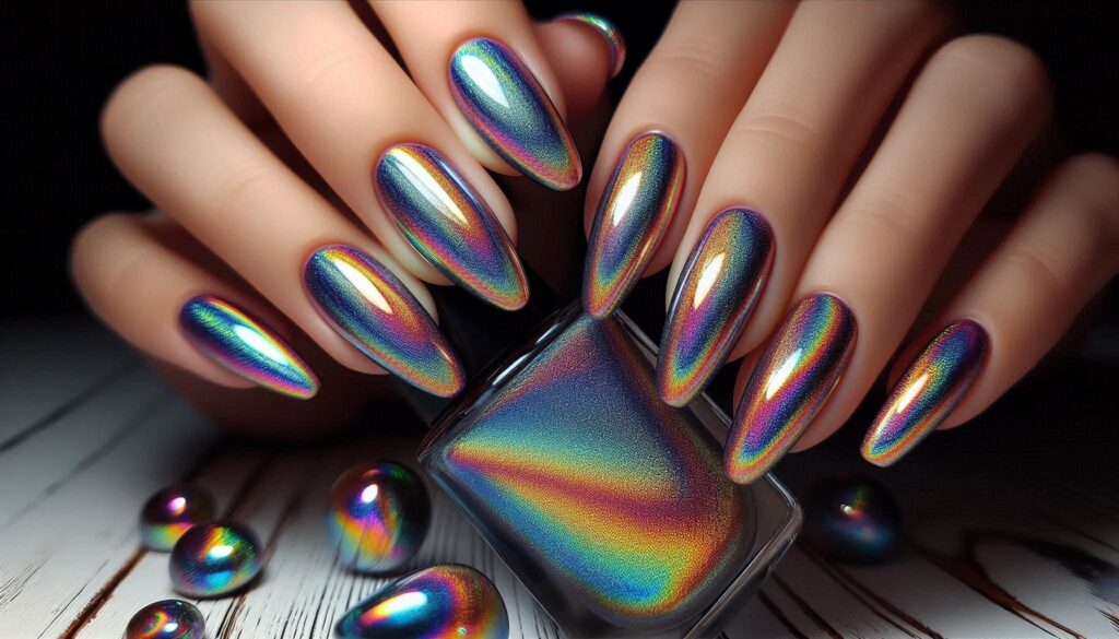 Uñas con esmalte holográfico en varios colores.
