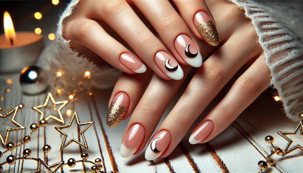 Manicura francesa con detalles de lunas y estrellas doradas y plateadas