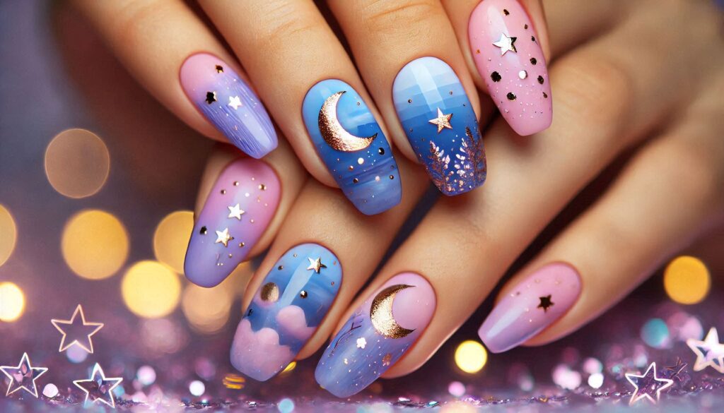 Diseño de uñas en acuarela con lunas y estrellas doradas