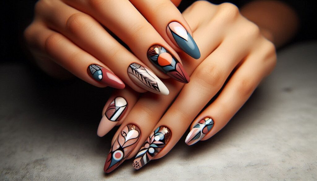 Manos con uñas decoradas con diseños asimétricos en colores variados.