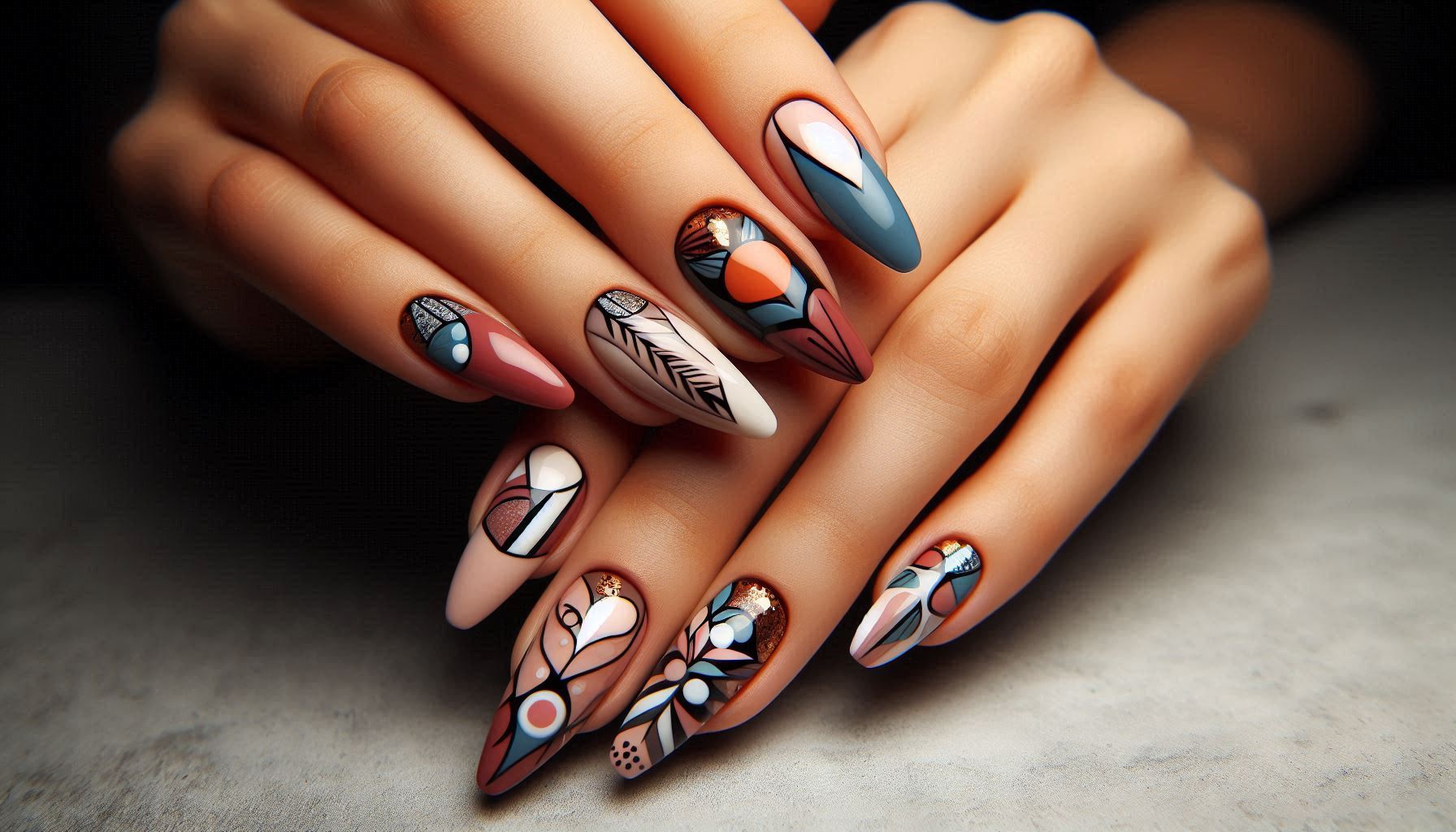 Manos con uñas decoradas con diseños asimétricos en colores variados.