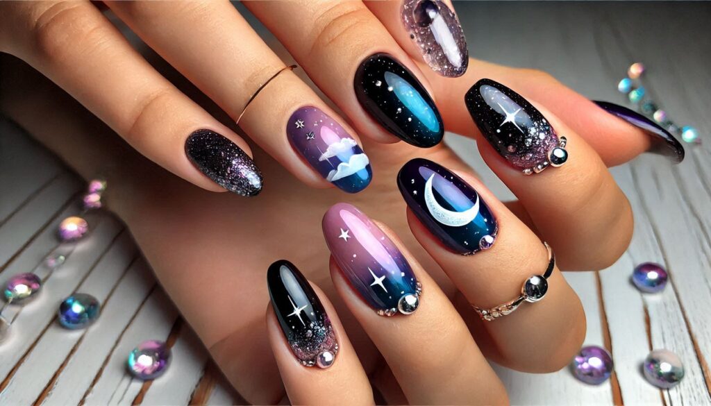 Diseño de uñas en degradado oscuro con lunas y estrellas plateadas