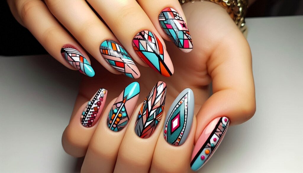 Uñas con patrones geométricos asimétricos en colores brillantes.