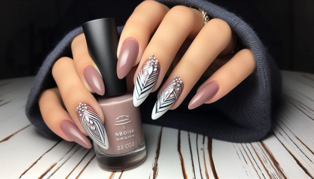 Uñas con capa base aplicada y una botella de esmalte base.