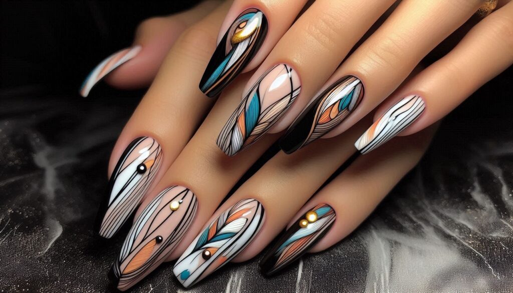 Uñas con líneas asimétricas en colores contrastantes.
