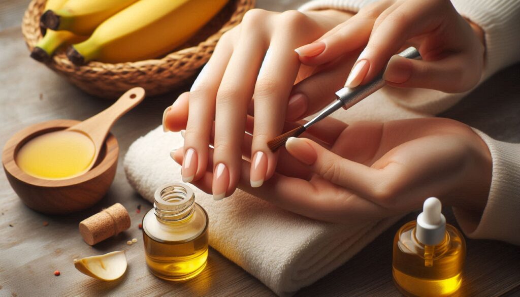 Una mano aplicando aceite de ricino en las uñas y cutículas.