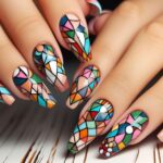 Uñas decoradas con diseño de mosaico colorido.