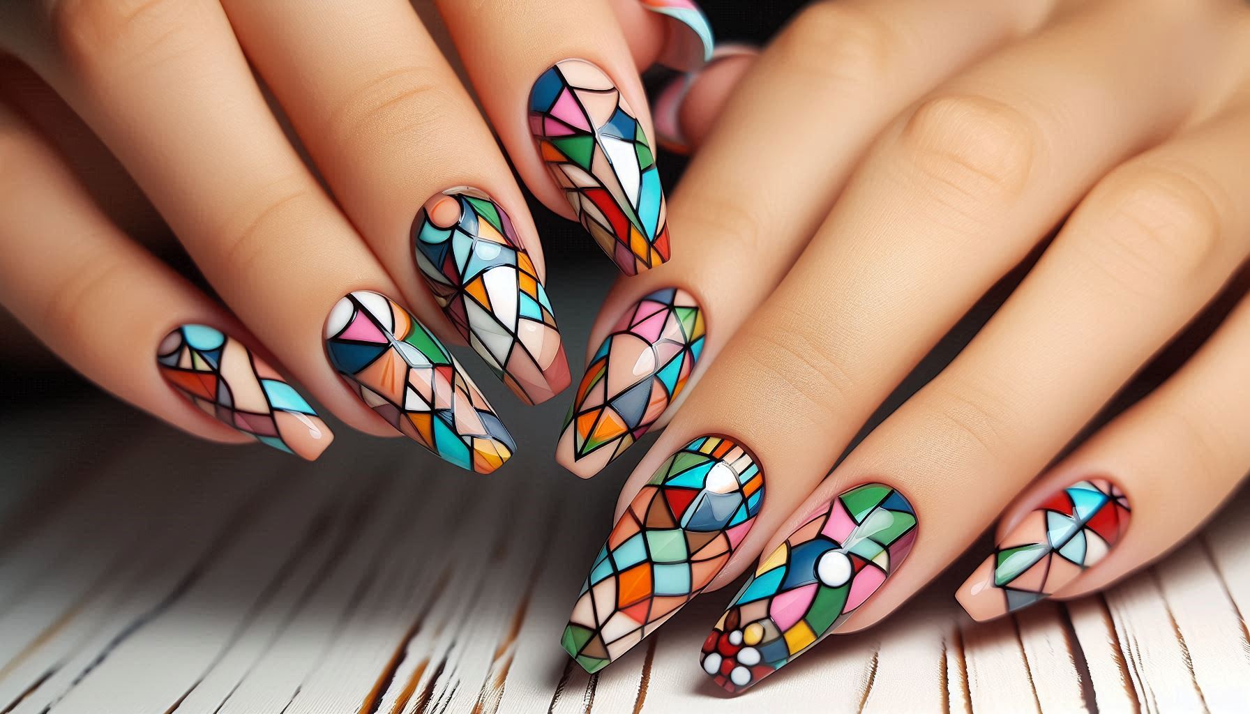 Uñas decoradas con diseño de mosaico colorido.