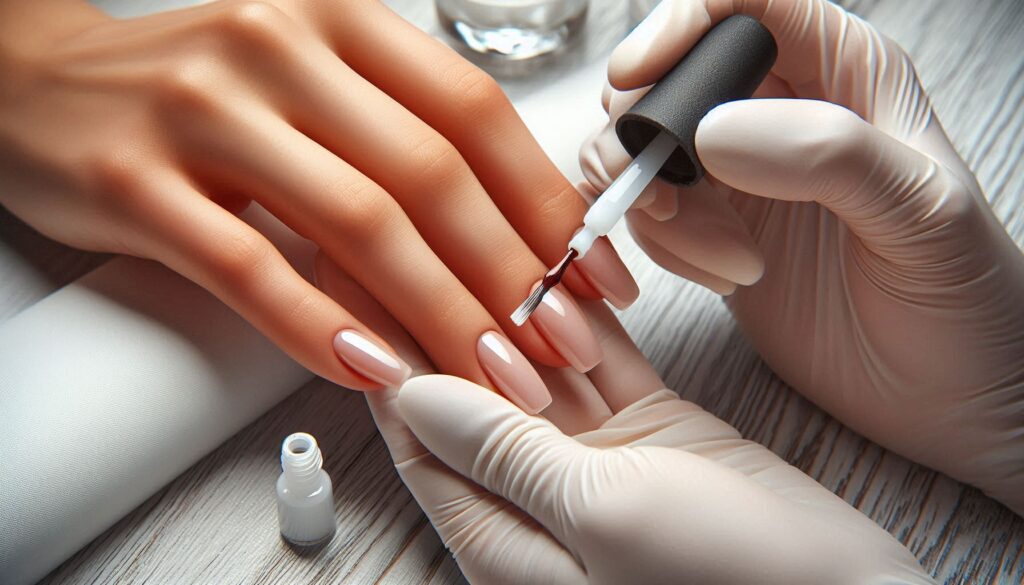 Aplicación de capa base en uñas.
