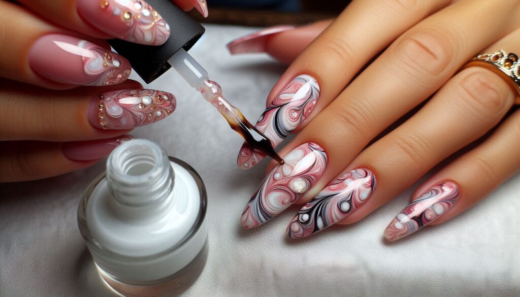 Aplicación de top coat en uñas.