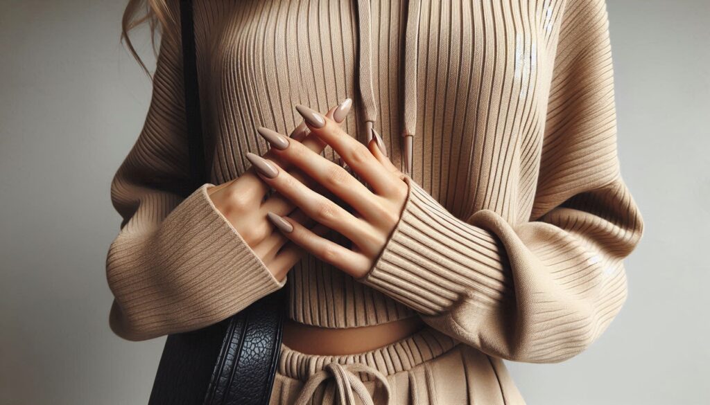 Uñas minimalistas combinadas con atuendo monocromático.