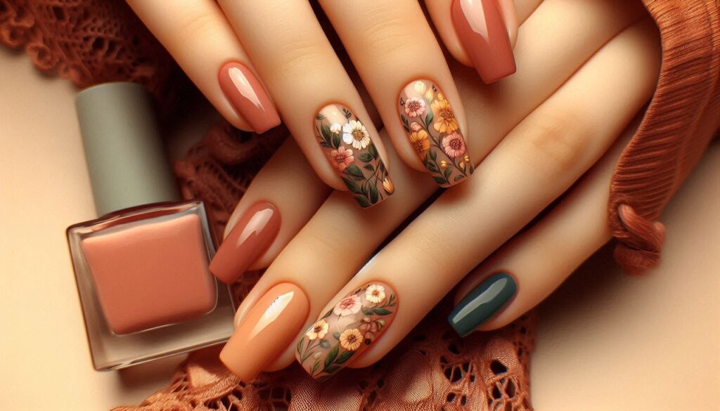 Uñas esmaltadas en tonos cálidos.