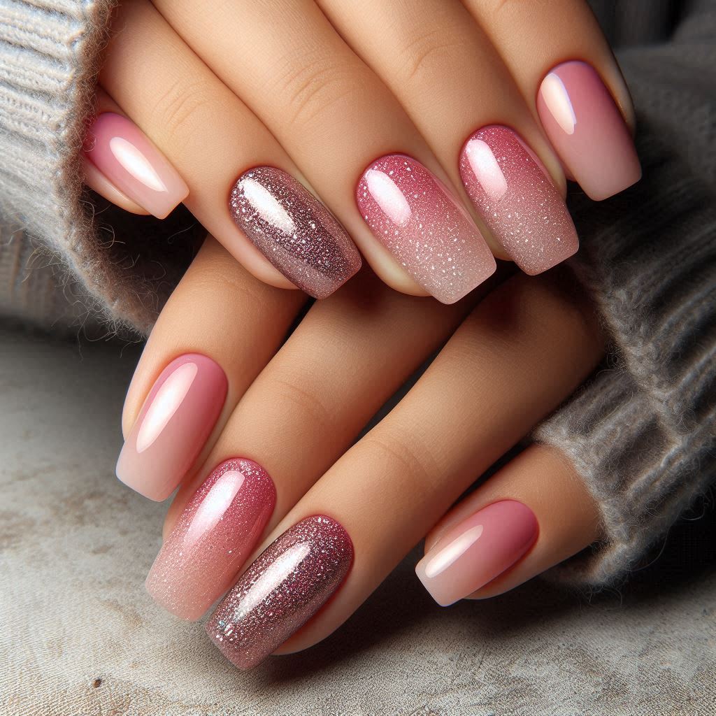 Uñas con efecto degradado y glitter en varios colores