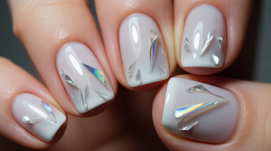 uñas blancas con efecto vidrio roto