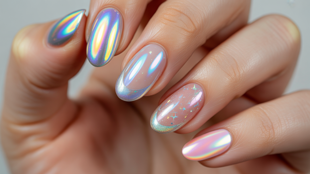 diseño de uñas con efecto holográfico moderno brillante