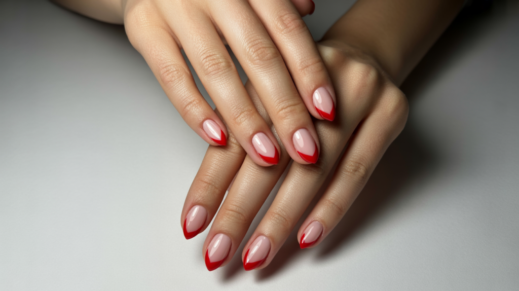 Manicura francesa para San Valentín con punta roja en forma de corazón