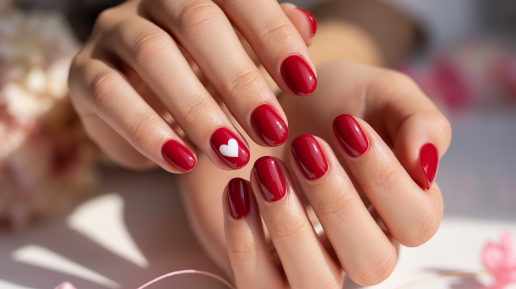 Uñas rojas elegantes para San Valentín con detalle de corazón