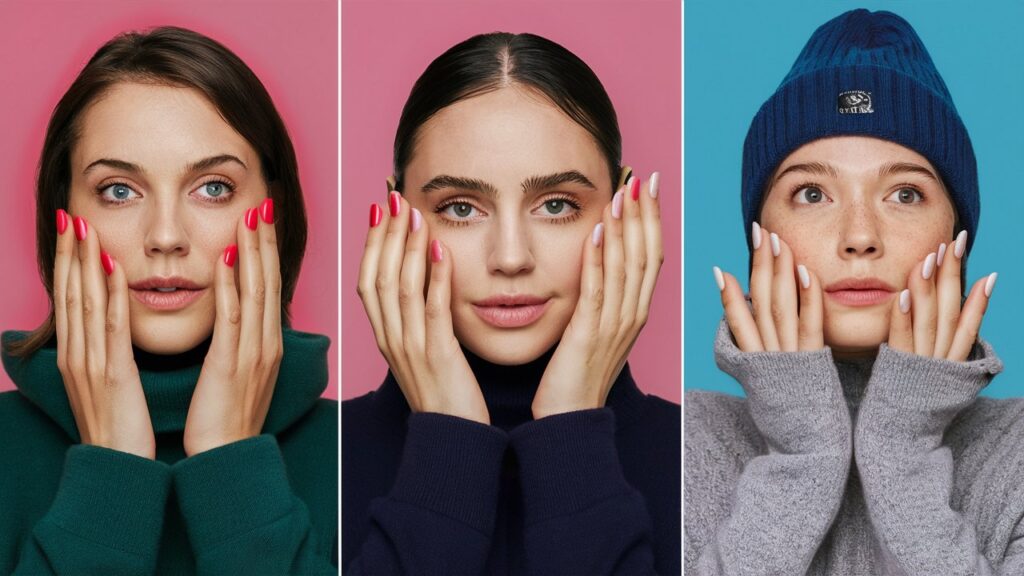 Un collage de diferentes cuidados de uñas en invierno, mostrando hidratación, protección y uso de productos específicos.