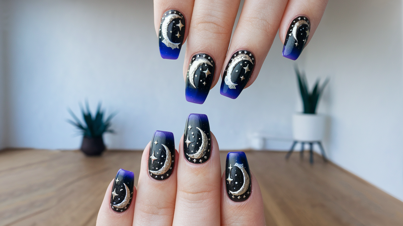 Diseño de uñas con lunas y estrellas en fondo azul oscuro degradado