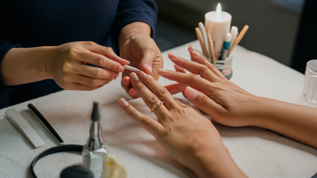 Preparación de las uñas empujando cutículas y limando.