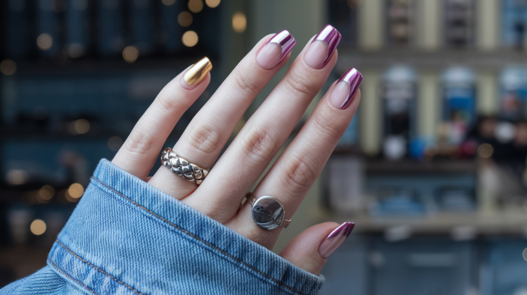 Uñas francesas modernas con combinación metálica y colores vibrantes.
