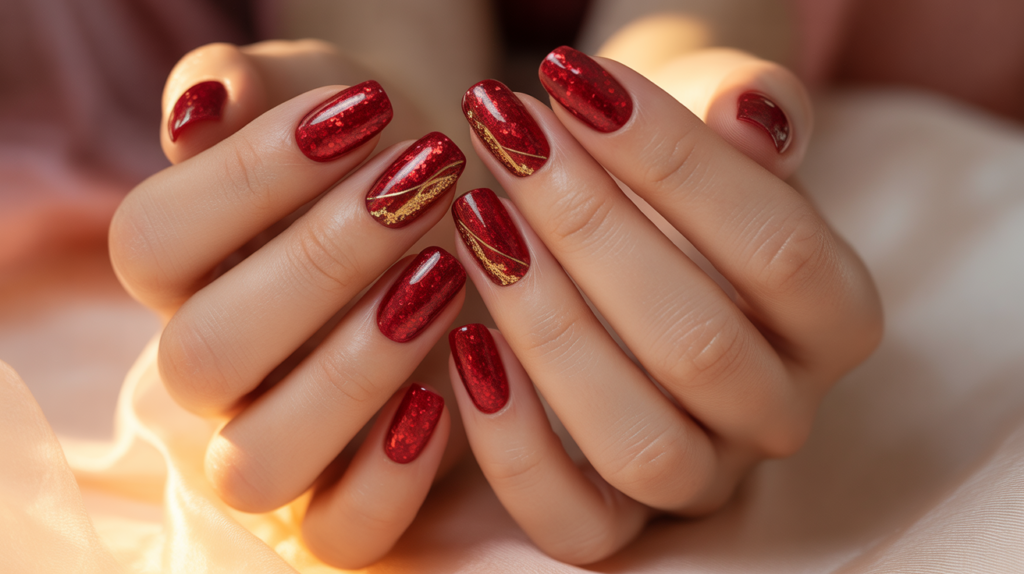 Uñas con glitter rojo para San Valentín con un look brillante y elegante