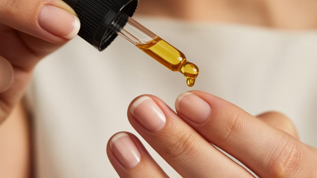 Aceite para cutículas aplicándose para hidratar y proteger las uñas