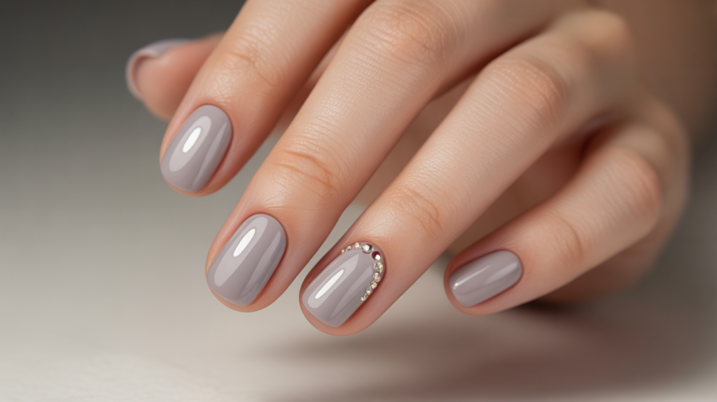 uñas grises con pedreria sutil elegante moderna