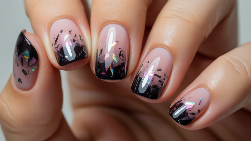 uñas efecto vidrio roto en degradado ombré