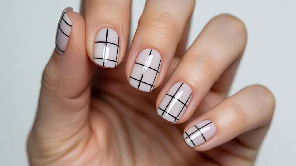 uñas con diseño geométrico de cuadrícula