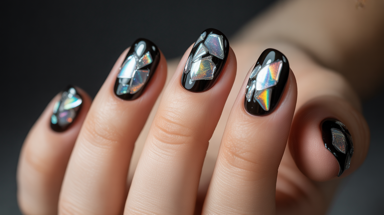 uñas efecto vidrio roto negras brillantes