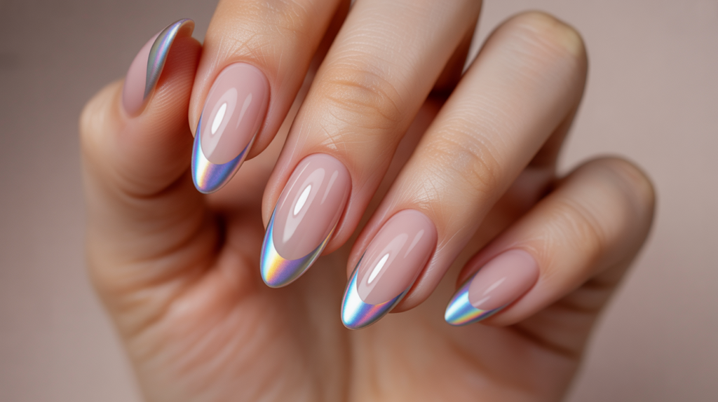 uñas francesa holográfica con punta arcoíris