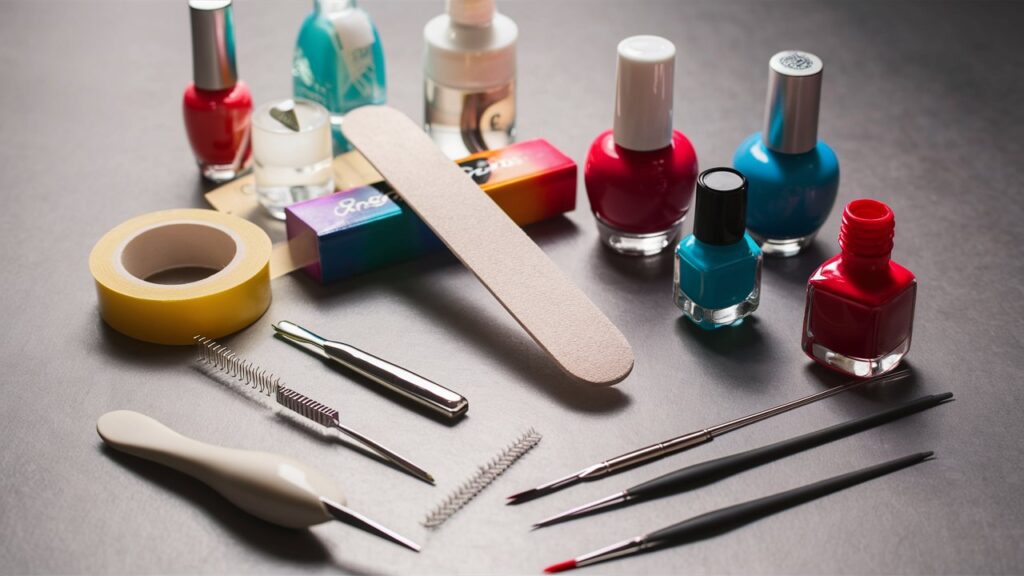 Materiales necesarios para diseños de uñas asimétricos.
