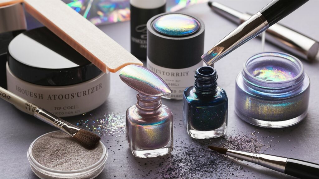 Materiales necesarios para una manicura holográfica.