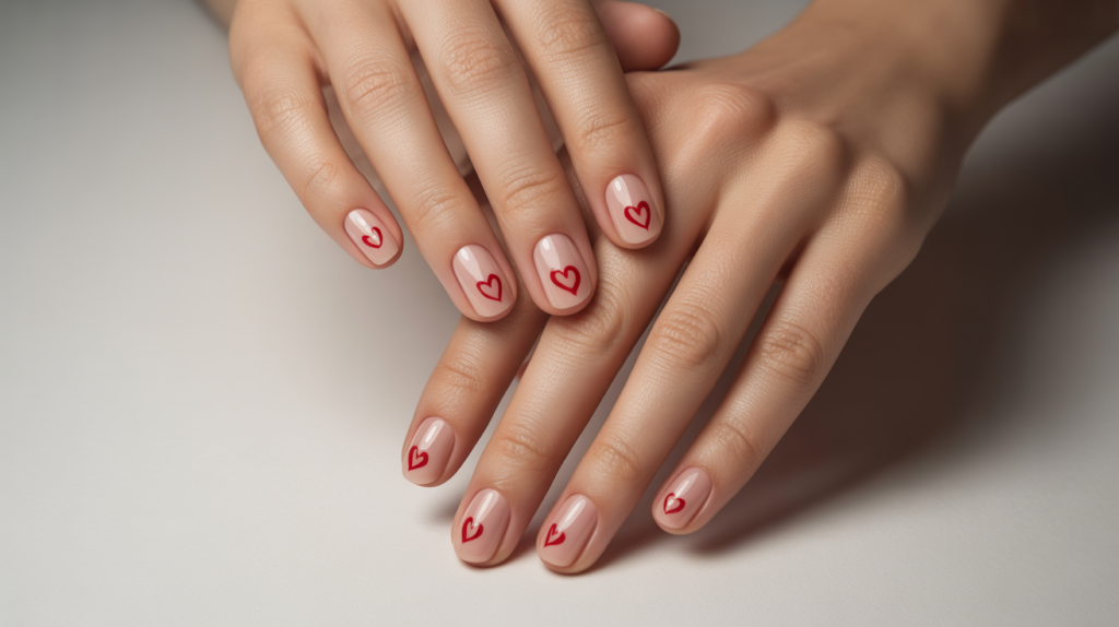 Diseño de uñas nude para San Valentín con pequeños corazones rojos minimalistas