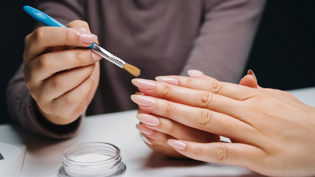 Aplicación de uñas acrílicas con pincel y polvo acrílico.