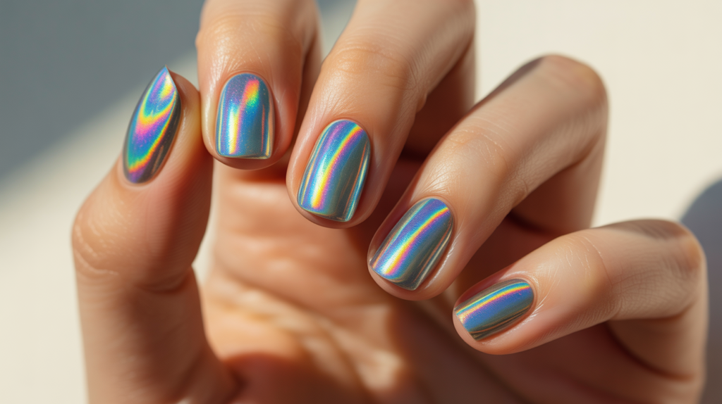 uñas holográficas sólidas con brillo arcoíris