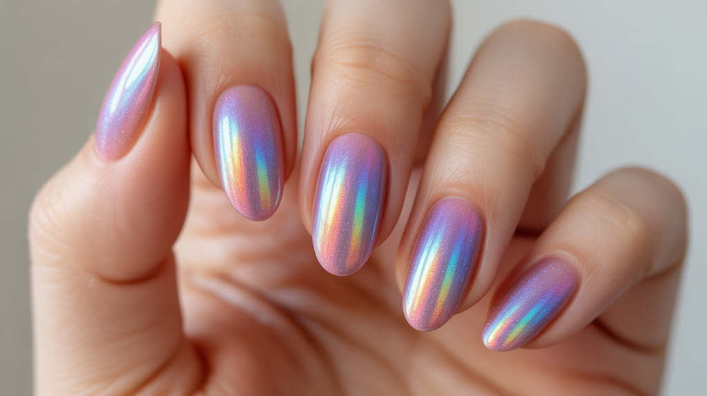 uñas degradado holográfico arcoíris brillante