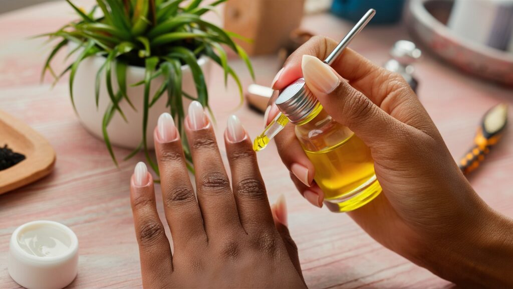 Aplicación de aceite de cutícula en uñas de gel