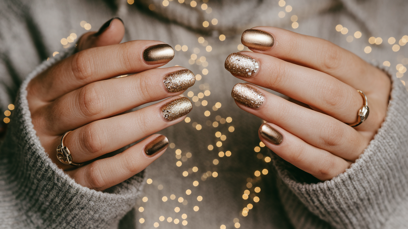 Uñas doradas metálicas con glitter para fiestas de fin de año.