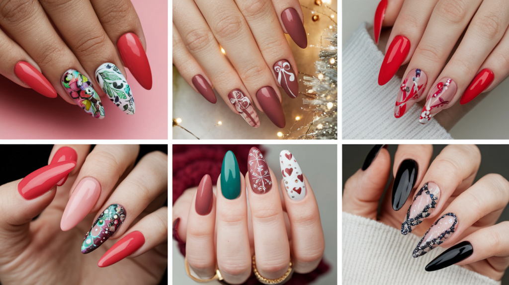 Uñas stiletto, almendradas y cuadradas con diseños de fiesta.
