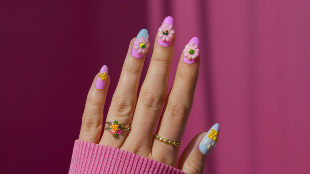Uñas con flores en 3D en tonos pastel y colores vivos