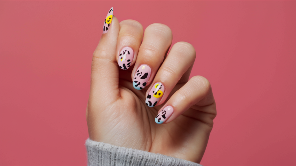 Uñas con diseño de animal print en tonos pastel y colores vivos.