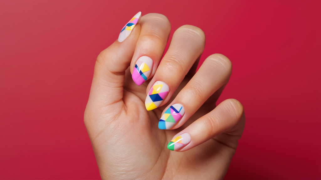 Uñas con diseños geométricos en tonos pastel y colores vivos.