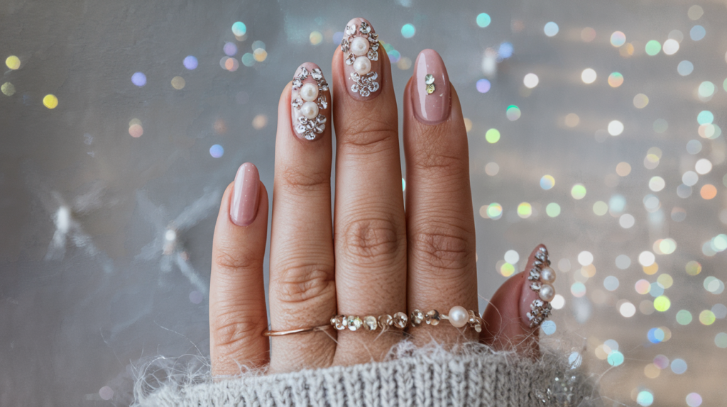 Uñas decoradas con cristales y perlas para fiestas.